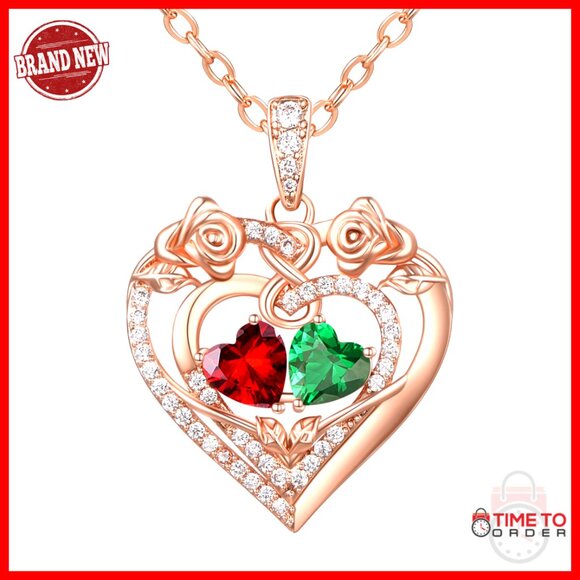 Sterling Silver Double Heart Birthstone Pendant Necklace Elegant Romantic Gift